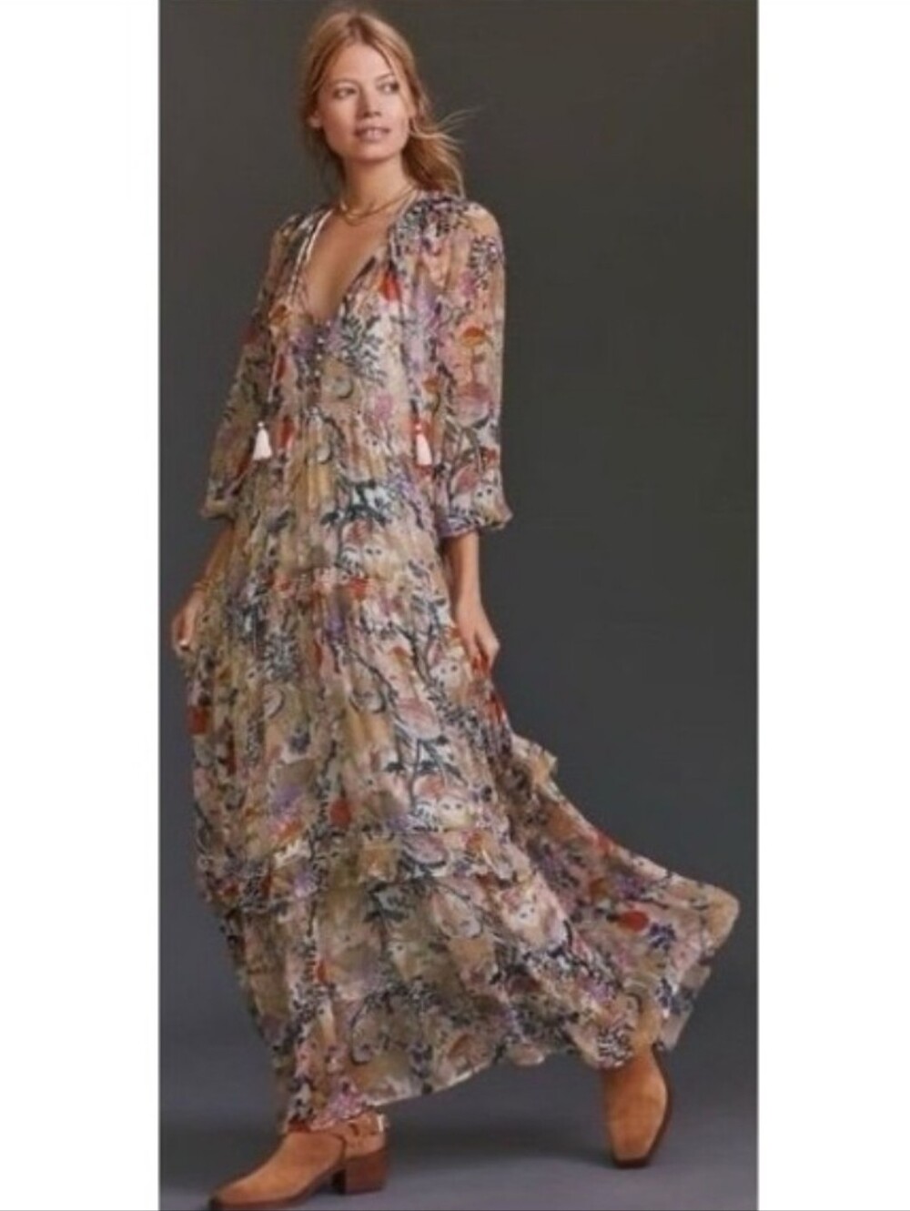 Anthropologie Neutral Floral Tiered Maxi Dress